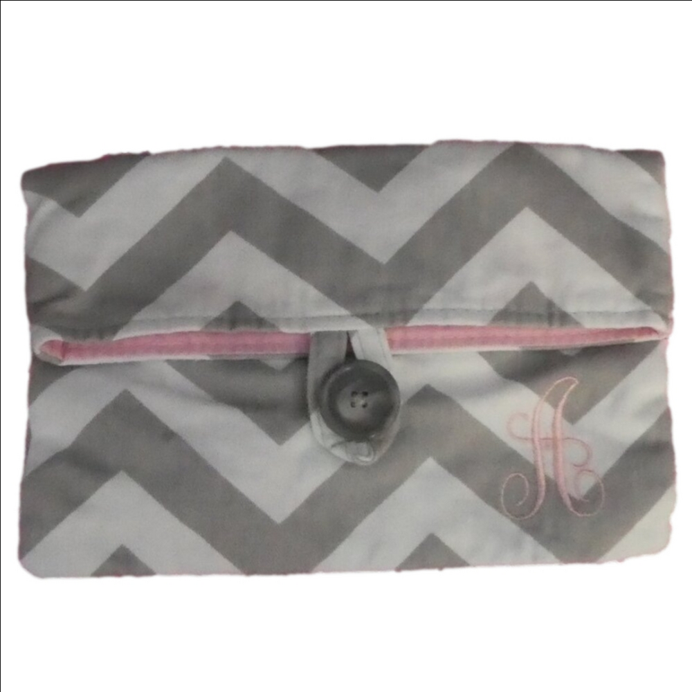 BAGS BY LORA | Grey Chevron Clutch Bag | Button Closure | Pink Lining